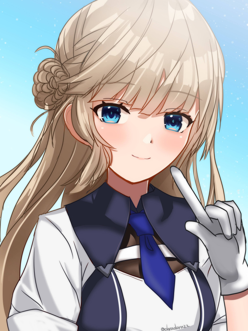 1girl, absurdres, blue_dress, blue_eyes, blue_necktie, braid, breasts, dress