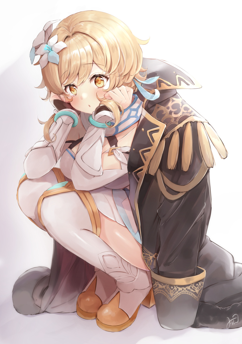 1girl, :o, blonde_hair, blush, breasts, brown_jacket, cosplay, diluc_(genshin_impact)