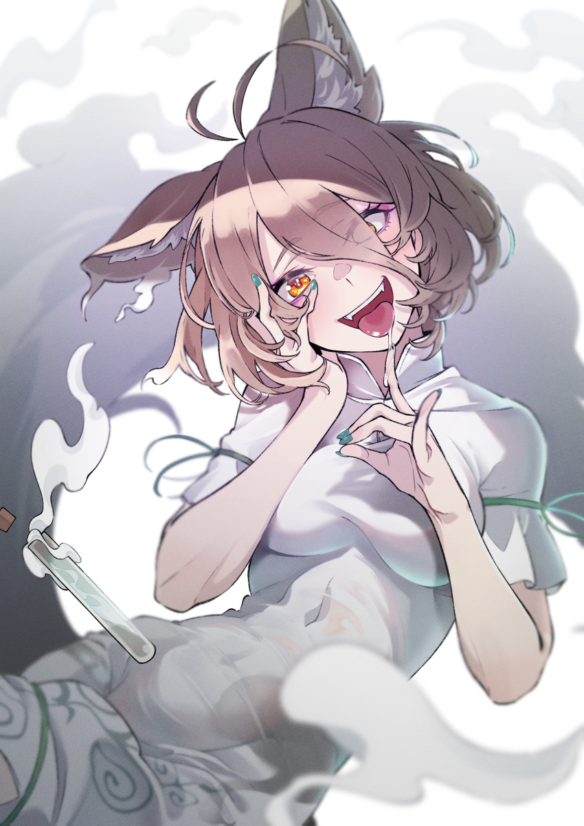 1girl, absurdres, animal_ears, blonde_hair, blush, covered_navel, fingernails, fox_ears