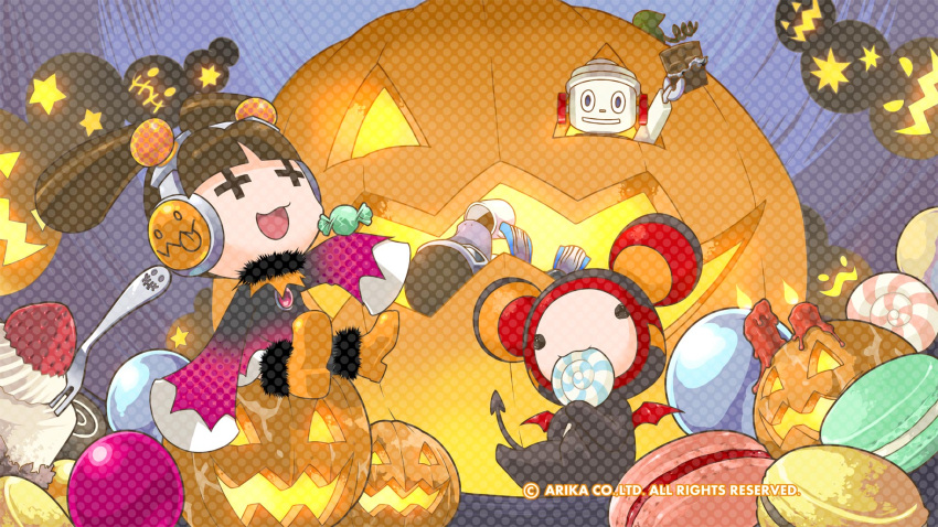 +_+, candle, candy, chibi, dress, food, fork, full_body, halloween, headphones, highres, jack-o'-lantern, official_art, official_wallpaper, open_mouth, pumpkin, sleeves_past_wrists, smile, technictix