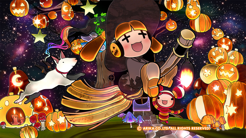 +_+, black_dress, broom, broom_riding, candle, dog, dress, full_body
