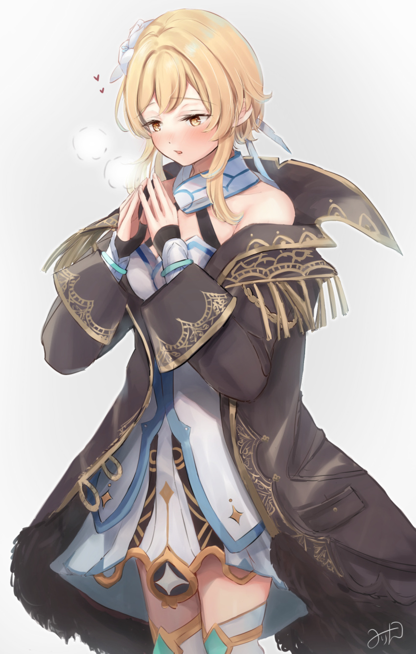1girl, bangs, blonde_hair, boots, breasts, brown_jacket, cosplay, diluc_(genshin_impact)