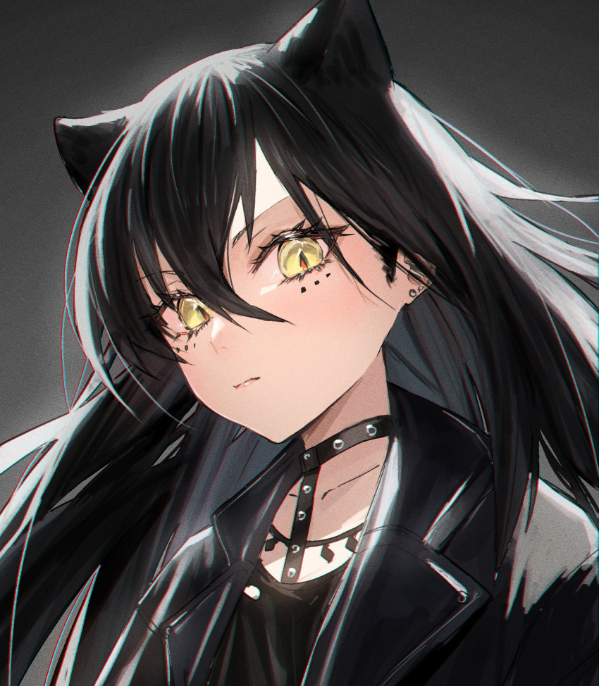 1girl, animal_ears, arknights, bangs, black_choker, black_hair, black_jacket, cat_ears