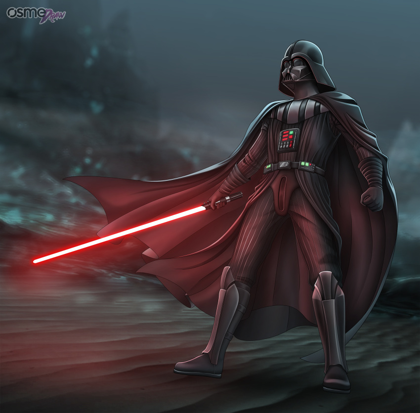 1boy, armor, black_cape, black_suit, cape, cyborg, dark, darksider_(star_wars)