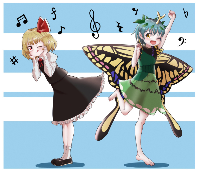 2girls, alinoce716, antennae, aqua_hair, arm_up, barefoot, bass_clef, beamed_sixteenth_notes