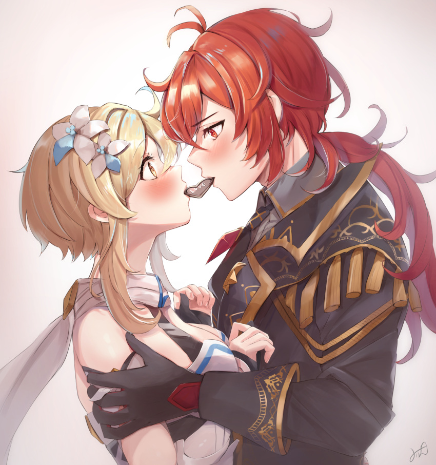 1boy, 1girl, bare_shoulders, black_gloves, black_jacket, blonde_hair, blush, breasts, chocolate, diluc_(genshin_impact), dress, eating, fingerless_gloves, flower, genshin_impact, gloves, hair_flower, hair_ornament, highres, jacket, long_hair, lumine_(genshin_impact), medium_breasts, medium_hair, mirin_pengin, ponytail, red_eyes, redhead, scarf, white_dress, white_scarf, yellow_eyes