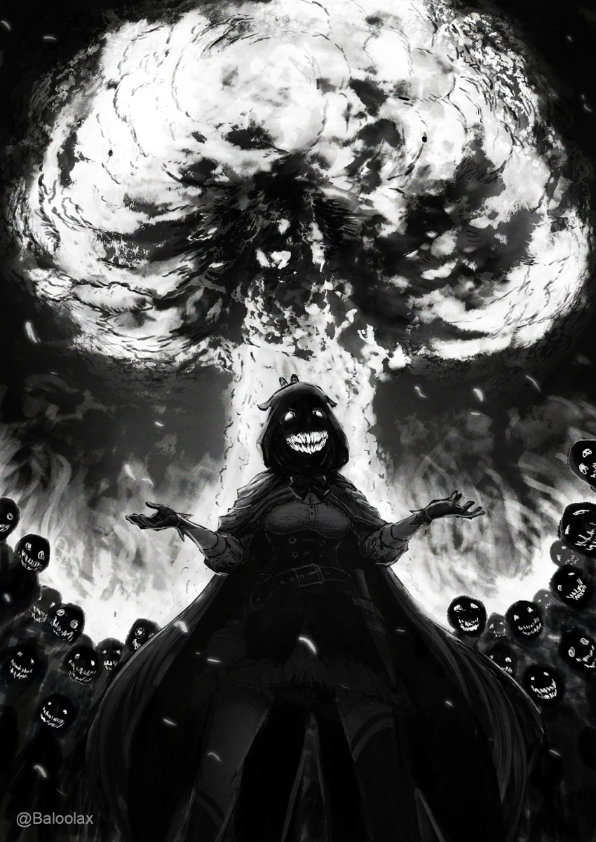 1girl, asymmetrical_legwear, baloolax, belt, crowd, explosion, fire, gloves