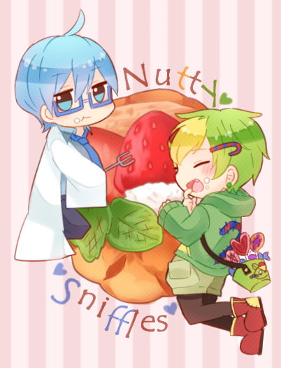 2boys, :d, ahoge, bag, bangs, blonde_hair, blue-framed_eyewear, blue_eyes