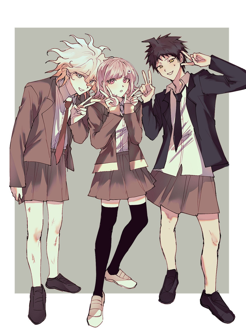 1girl, 2boys, :o, ahoge, bangs, bibon_(boileddangan), black_footwear, black_jacket