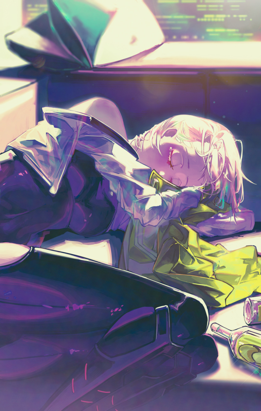 1girl, bare_shoulders, closed_eyes, cropped_jacket, cyberpunk_(series), cyberpunk_edgerunners, glass_bottle, highres, hip_vent, jacket, leotard, lucy_(cyberpunk), lying, off_shoulder, on_side, pants, pillow, reinene, short_hair, sleeping, solo, white_hair, yellow_jacket