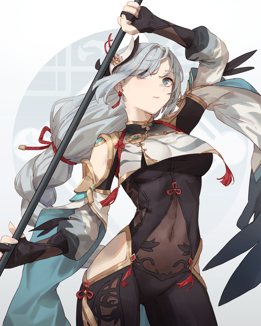 1girl, arm_up, bangs, black_bodysuit, black_gloves, bodysuit, braid, braided_ponytail, breast_curtain, breasts, clothing_cutout, contrapposto, covered_navel, earrings, eyes_visible_through_hair, flower_knot, genshin_impact, gloves, grey_eyes, hair_ornament, hair_over_one_eye, highres, hip_vent, holding, holding_polearm, holding_weapon, jewelry, long_hair, long_sleeves, looking_at_viewer, medium_breasts, meme, partially_fingerless_gloves, polearm, puffy_long_sleeves, puffy_sleeves, shenhe_(genshin_impact), shoulder_cutout, simple_background, single_braid, solo, swept_bangs, tassel, tassel_earrings, tesin_(7aehyun), thighs, weapon, white_background, white_hair