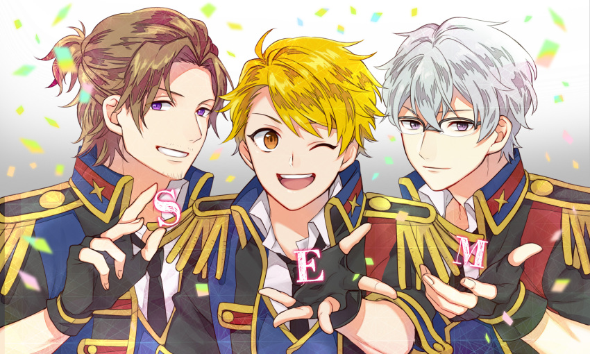 3boys, bangs, blonde_hair, brown_hair, collared_shirt, fingerless_gloves, fingernails, glasses