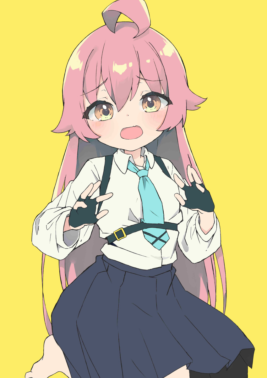 1girl, absurdres, ahoge, alternate_eye_color, barefoot, blue_archive, fang, fingerless_gloves, gloves, hair_between_eyes, highres, hoshino_(blue_archive), long_hair, necktie, pink_hair, pleated_skirt, sasakungoodsize, school_uniform, skin_fang, skirt, yellow_background, yellow_eyes