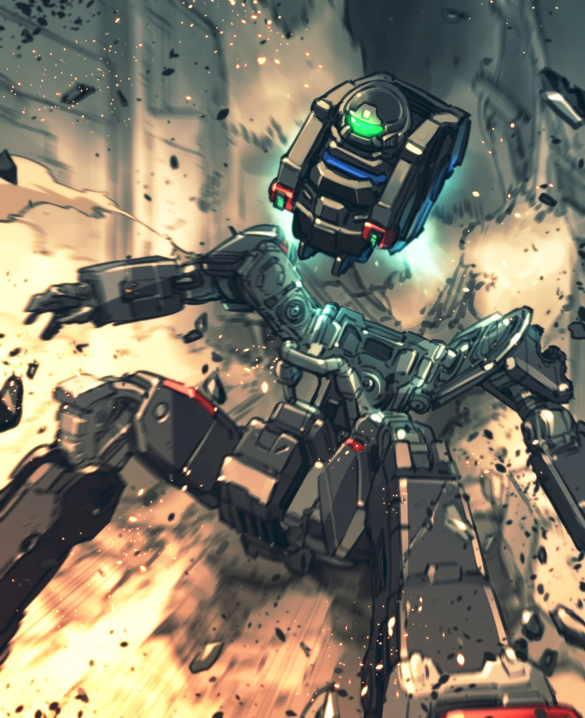 absurdres, assault_visor, debris, diaclone, dust, ejection, falling, flying