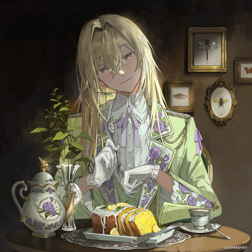 1boy, blonde_hair, bug, cup, earrings, extraspiky, flower, formal, gloves, green_suit, grey_eyes, head_tilt, highres, jewelry, long_hair, looking_at_viewer, male_focus, original, picture_frame, prince, purple_flower, sitting, solo, suit, tea, teacup, teapot, vase