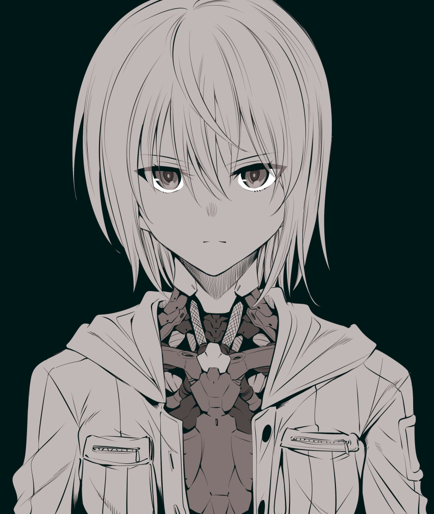 1girl, absurdres, android, bangs, black_background, frown, greyscale, hair_between_eyes