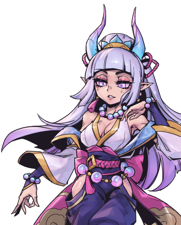 1girl, bangs, bare_shoulders, bead_necklace, beads, blunt_bangs, breasts, cowboy_shot, detached_sleeves, hair_ribbon, hand_up, horns, jewelry, large_breasts, league_of_legends, long_hair, necklace, pants, parted_lips, phantom_ix_row, pink_eyes, pointy_ears, ribbon, rope_belt, shiny, shiny_hair, simple_background, smile, spirit_blossom_syndra, syndra, teeth, white_background