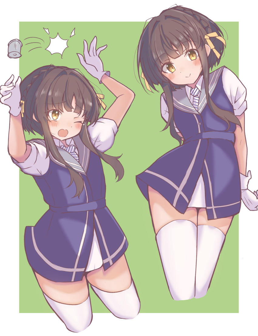 1girl, 702_(naotsu), absurdres, black_hair, blue_dress, brown_eyes, cropped_legs, depth_charge