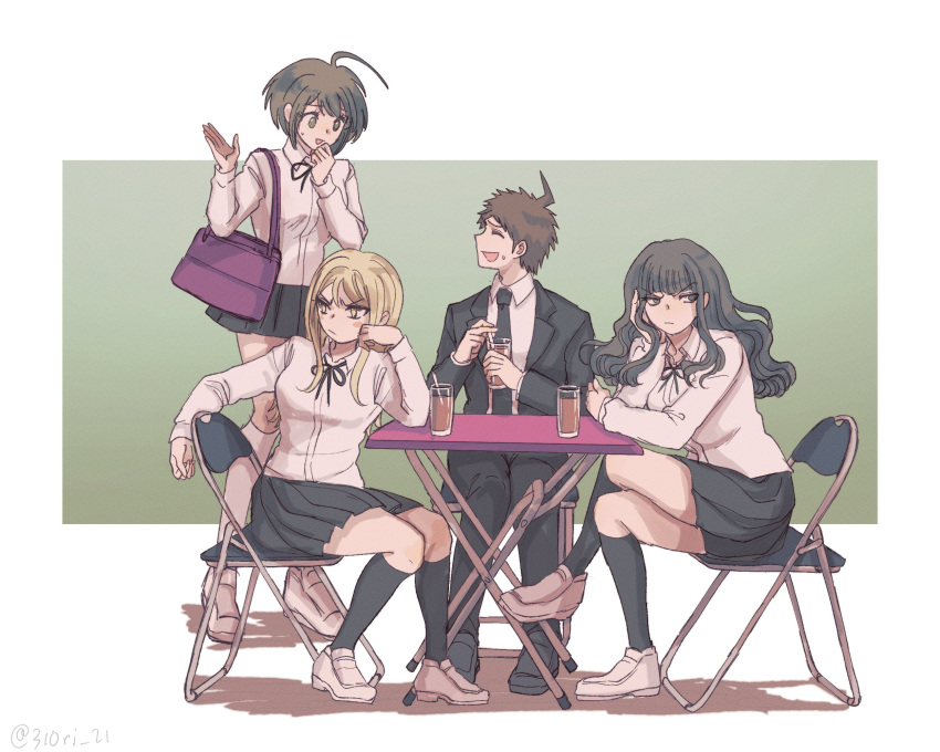 1boy, 3girls, :d, ahoge, annoyed, bag, bangs, black_jacket