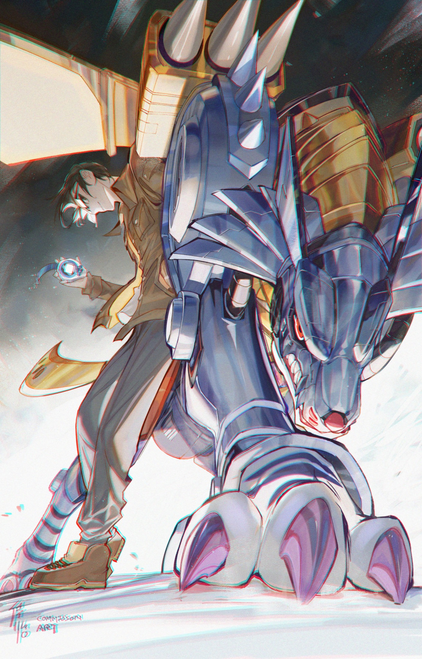 1boy, bangs, black_pants, brown_footwear, brown_hair, brown_jacket, claws, closed_mouth, commission, cporing, digimon, gradient, gradient_background, highres, holding, horns, jacket, metalgarurumon, pants, red_eyes, sharp_teeth, short_hair, smile, standing, teeth