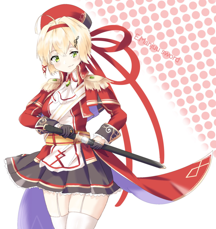 1girl, azur_lane, black_gloves, black_skirt, blonde_hair, breasts, coat, epaulettes, gloves, gold_trim, green_eyes, hair_ornament, half_gloves, highres, long_sleeves, miniskirt, mumei_shumi, red_coat, red_headwear, scabbard, sheath, sheathed, simple_background, skirt, small_breasts, solo, southampton_(azur_lane), standing, thigh-highs, white_garter_straps, white_thighhighs, x_hair_ornament