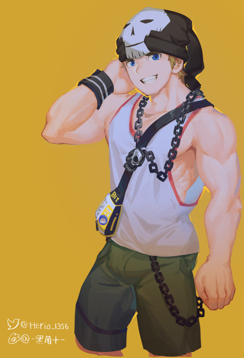 1boy, arm_behind_head, beanie, bitou_daisukenojou, blonde_hair, blue_eyes, chain, clenched_hand