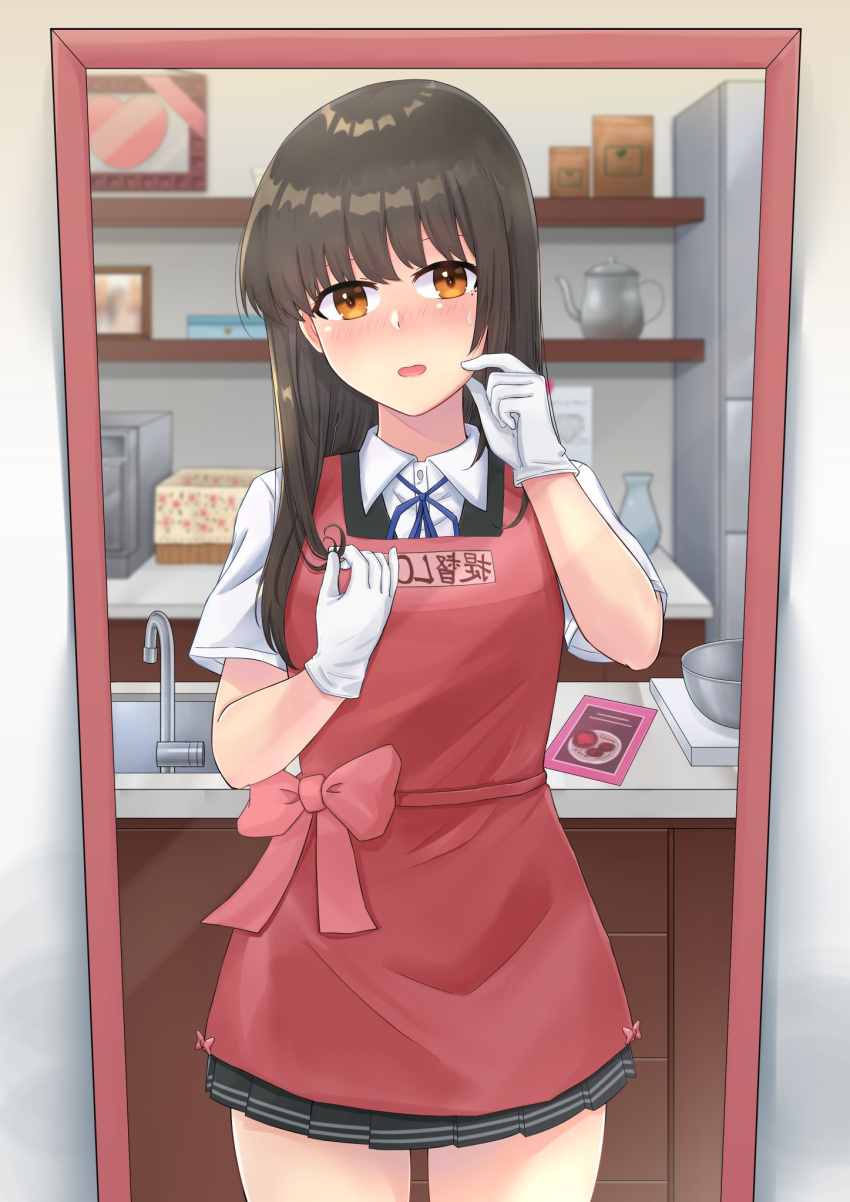 1girl, apron, black_hair, black_skirt, black_vest, blue_ribbon, commentary_request, commission