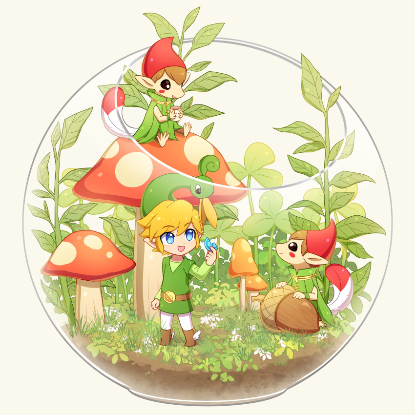 absurdres, blonde_hair, blue_eyes, brown_hair, clover, cup, enni, ezlo
