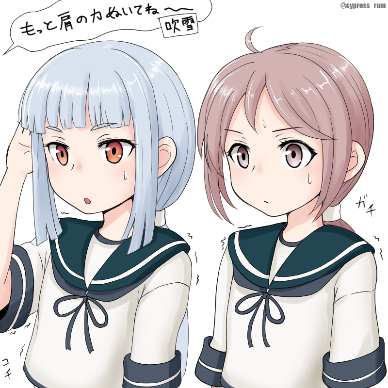 2girls, alternate_hairstyle, bangs, blue_sailor_collar, blunt_bangs, commentary_request, cosplay, cypress