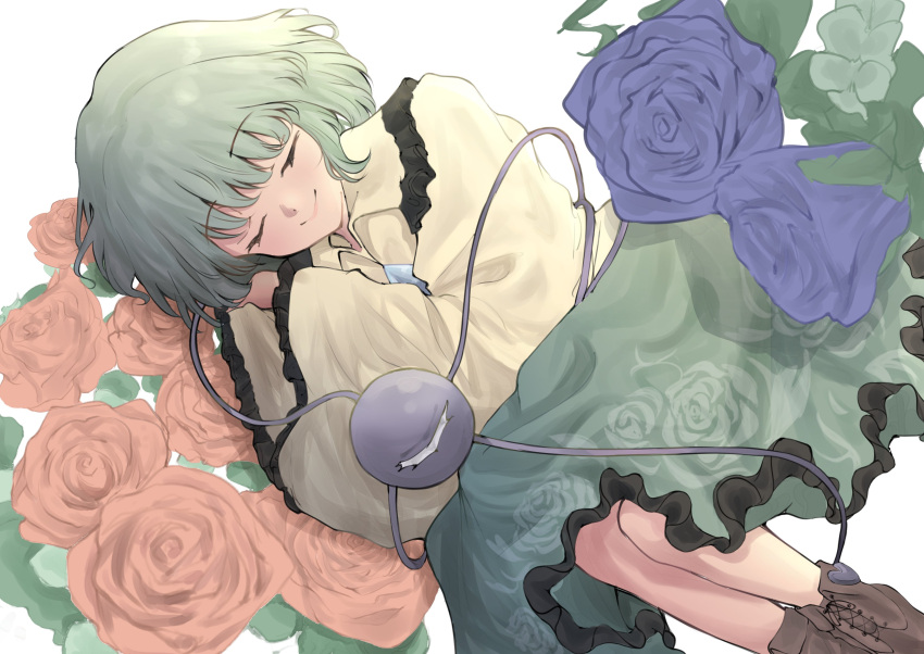 1girl, absurdres, blue_flower, blue_rose, brown_footwear, closed_eyes, closed_mouth, floral_print