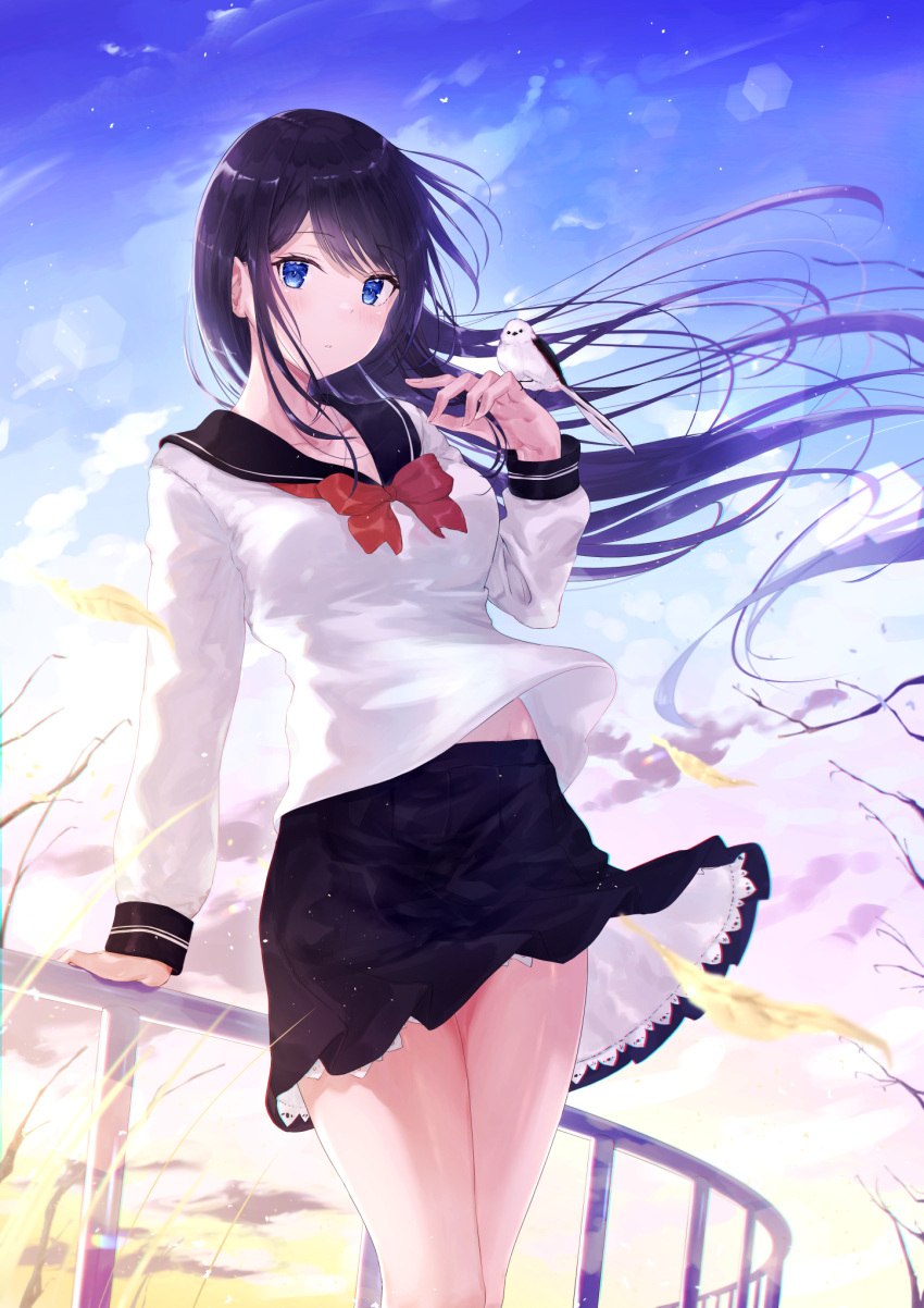 1girl, arm_support, bare_legs, bird, bird_on_hand, black_hair, black_sailor_collar, black_skirt, bow, bowtie, collarbone, collared_shirt, day, floating_hair, highres, long-tailed_tit, long_hair, long_sleeves, meen_(ouaughikepdvrsf), midriff, miniskirt, original, outdoors, pleated_skirt, red_bow, red_bowtie, sailor_collar, sailor_shirt, school_uniform, serafuku, shiny, shiny_hair, shiny_skin, shirt, skirt, solo, standing, straight_hair, very_long_hair, white_shirt