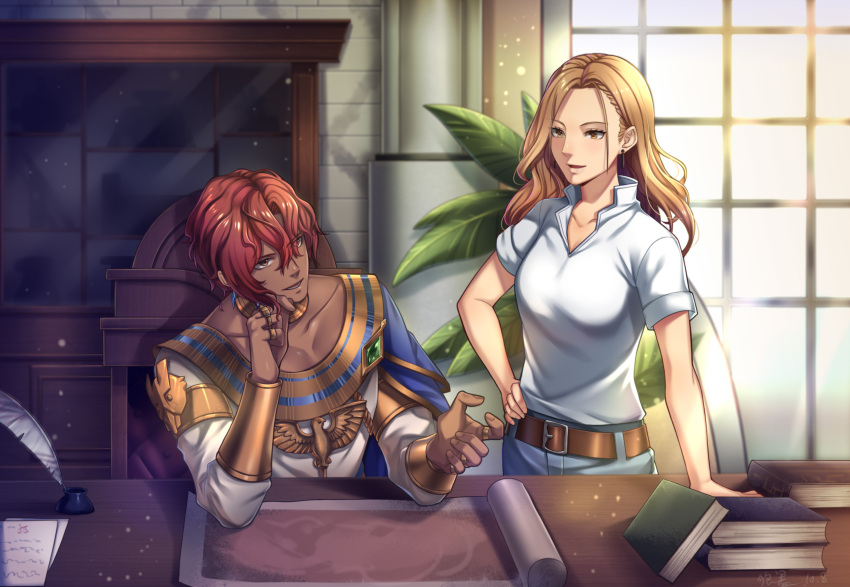 1boy, 1girl, :s, belt, belt_buckle, book, brown_belt, brown_hair