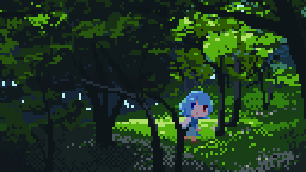 1girl, blue_eyes, blue_hair, forest, full_body, heterochromia, looking_at_viewer, nature, outdoors, pixel_art, poropo1133, red_eyes, short_hair, solo, tatara_kogasa, touhou, tree