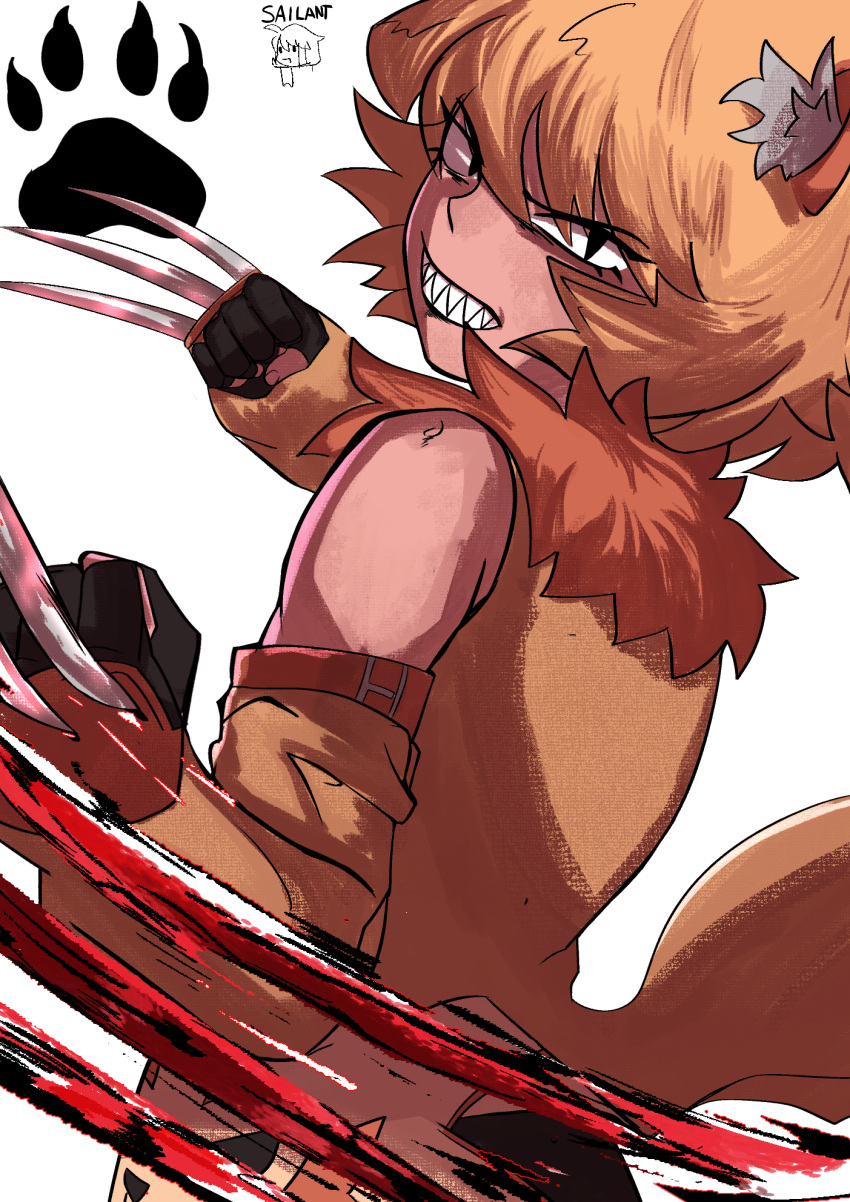 angry, animal_ears, claw_(weapon), detached_sleeves, glaring, highres, lion_ears, lion_girl, mane, original, paw_print, sailant, seri_(sailant), sharp_teeth, slashing, teeth, weapon