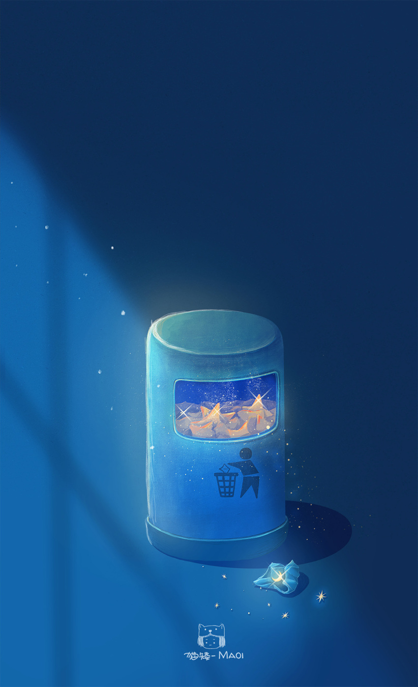 artist_name, blue_theme, glint, highres, maoi, night, no_humans, original, sparkle, star_(symbol), trash_can