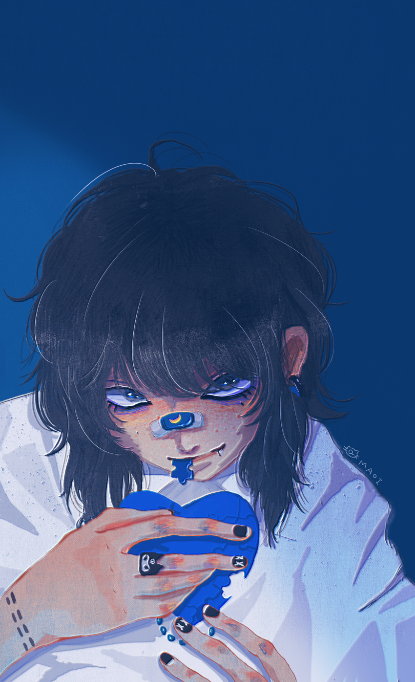 1girl, absurdres, artist_name, black_hair, black_nails, heart, highres, kuromi