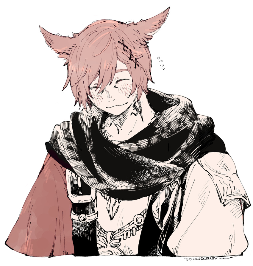 1boy, :3, animal_ears, bangs, black_scarf, blush, cat_ears, closed_eyes
