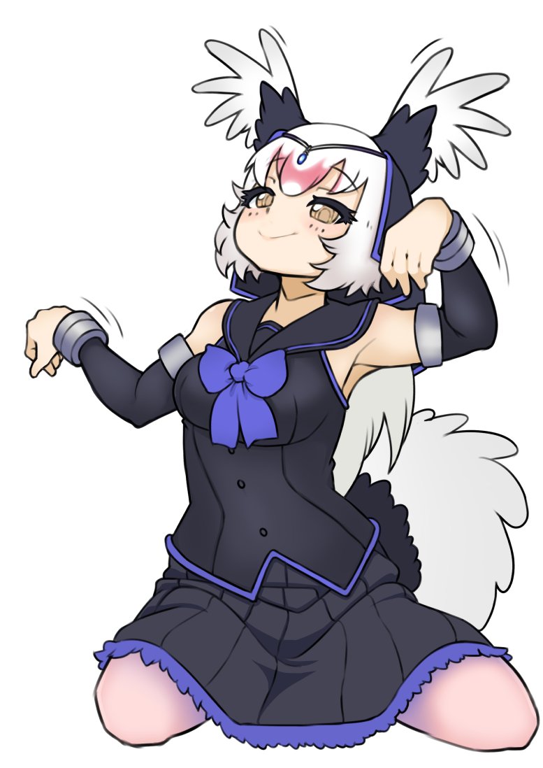 1girl, bird_girl, bird_tail, bird_wings, black_shirt, black_skirt, blue_bow, blue_bowtie