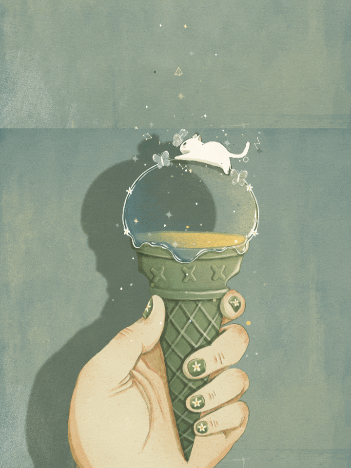 animated, animated_gif, artist_name, blue_flower, cat, flower, green_nails, holding_ice_cream