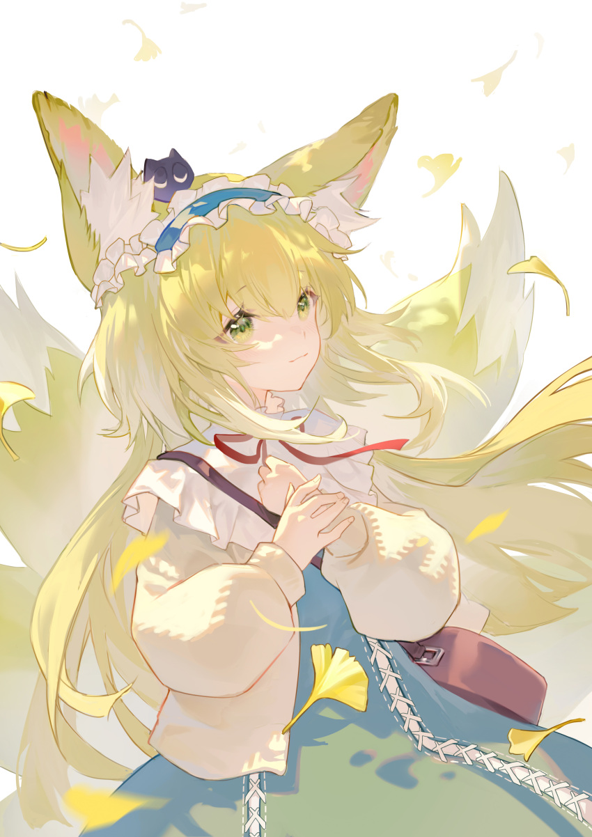 absurdres, animal_ear_fluff, animal_ears, arknights, bag, blonde_hair, blue_dress, blue_hairband