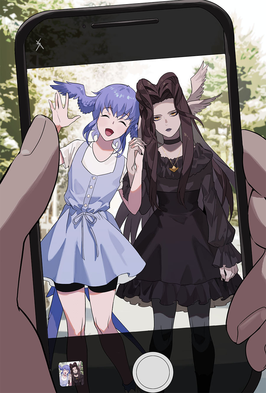 2girls, ^_^, ^o^, alternate_costume, alternate_form, arm_at_side, bangs, bird_girl