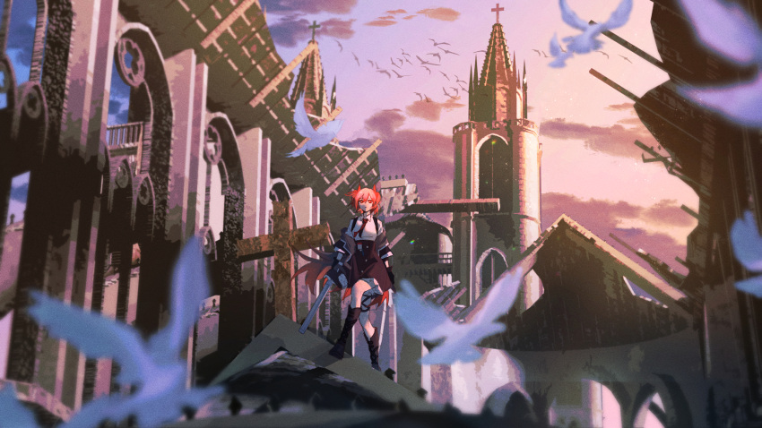 1girl, animal_ears, arknights, bird, bird_ears, bird_tail, black_footwear, black_skirt