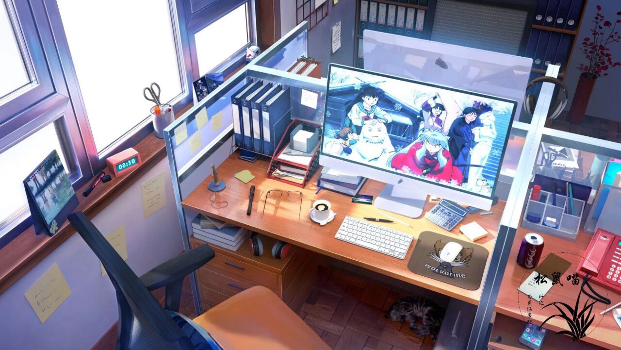 animal, can, cat, cellphone, chair, computer, desk, folder
