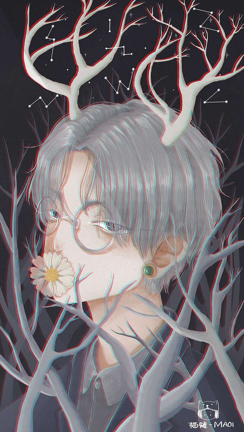 1boy, artist_name, bishounen, chromatic_aberration, covering_mouth, daisy, earrings, flower