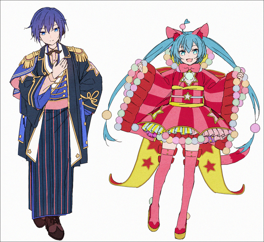 +_+, 1boy, 1girl, :d, bangs, black_jacket, black_kimono, blue_eyes