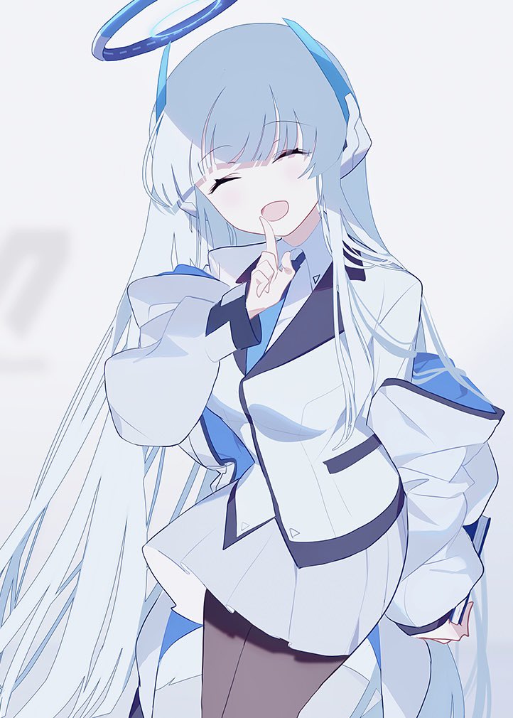 1girl, ba_fed_kitaku, black_pantyhose, blue_archive, blue_necktie, closed_eyes, collared_shirt, formal, grey_hair, hair_between_eyes, halo, hand_to_own_mouth, headphones, jacket, long_hair, mechanical_halo, necktie, noa_(blue_archive), open_clothes, open_jacket, open_mouth, pantyhose, pleated_skirt, shirt, simple_background, skirt, smile, solo, standing, suit, very_long_hair, white_background, white_jacket, white_skirt, white_suit