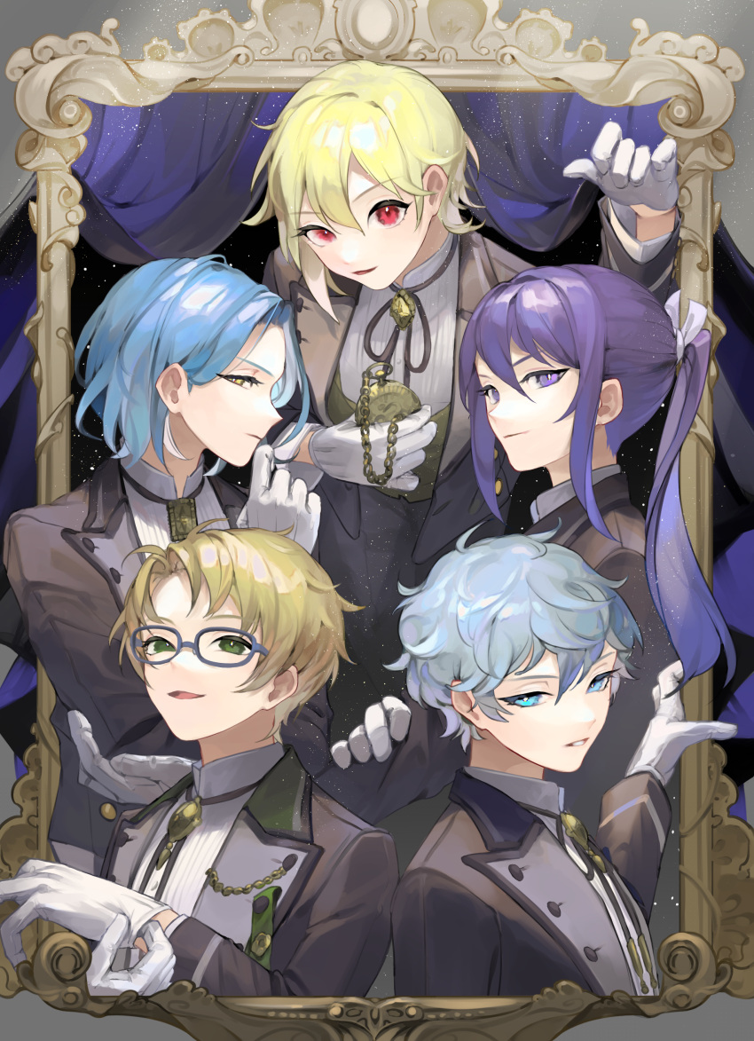 5boys, absurdres, bangs, black_jacket, black_pants, blonde_hair, blue_eyes, blue_hair