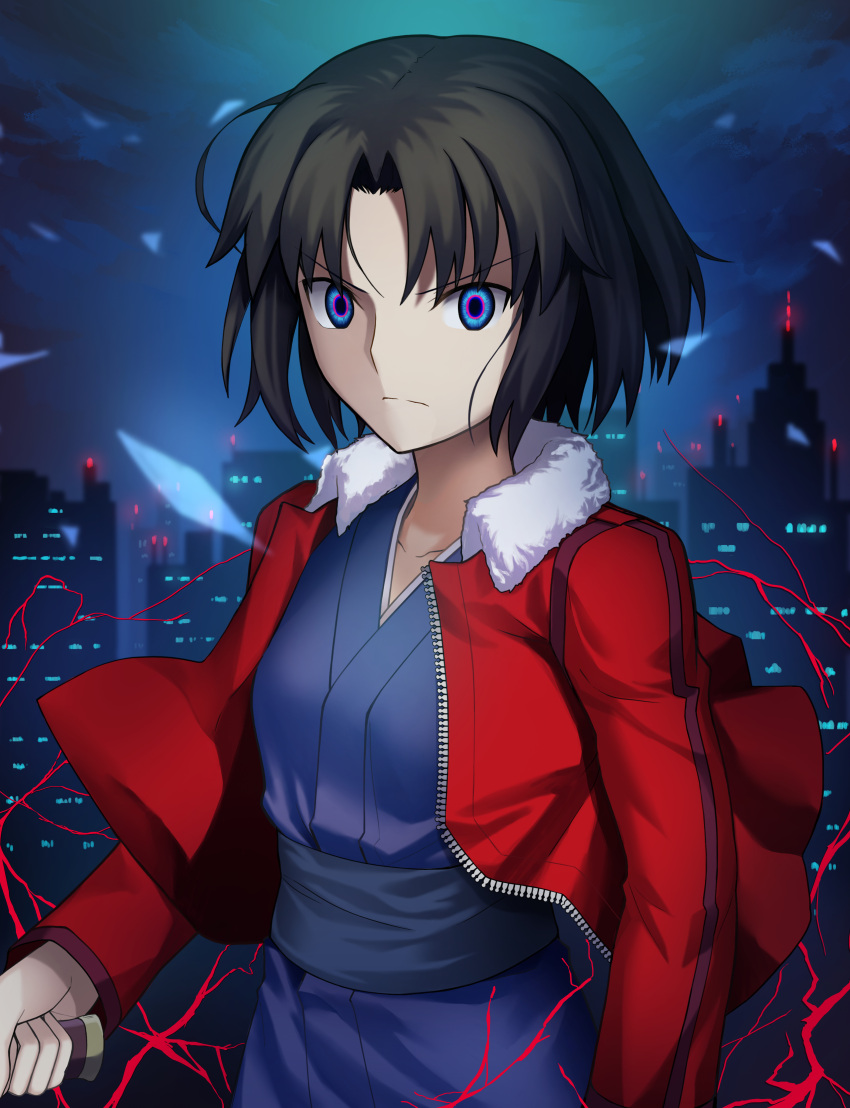 1girl, absurdres, bangs, black_hair, blue_eyes, blue_kimono, building, city_lights