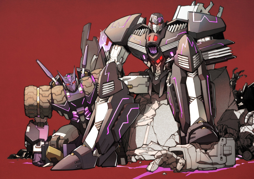 clenched_hand, decepticon, glowing, glowing_eyes, head_tilt, highres, looking_at_viewer, mecha
