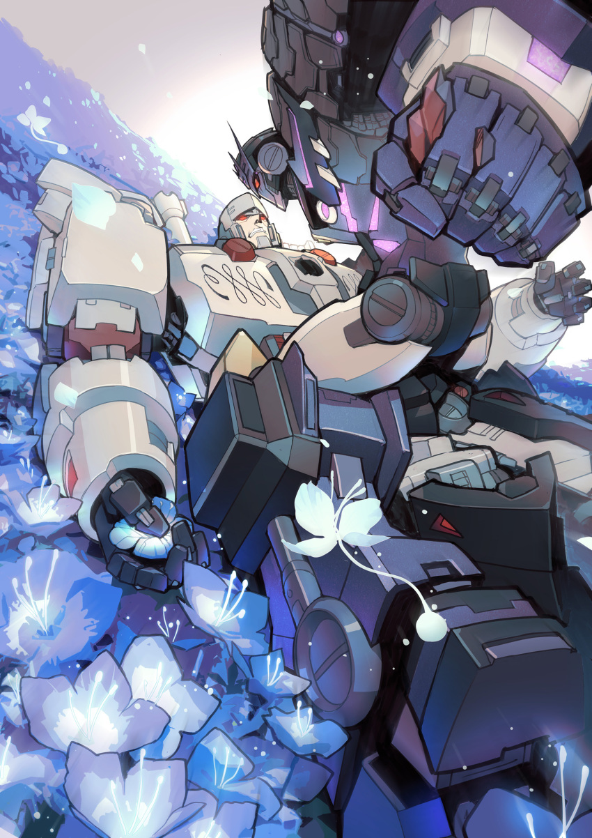 absurdres, blue_flower, chinese_commentary, clenched_hand, clenched_teeth, decepticon, field, fighting
